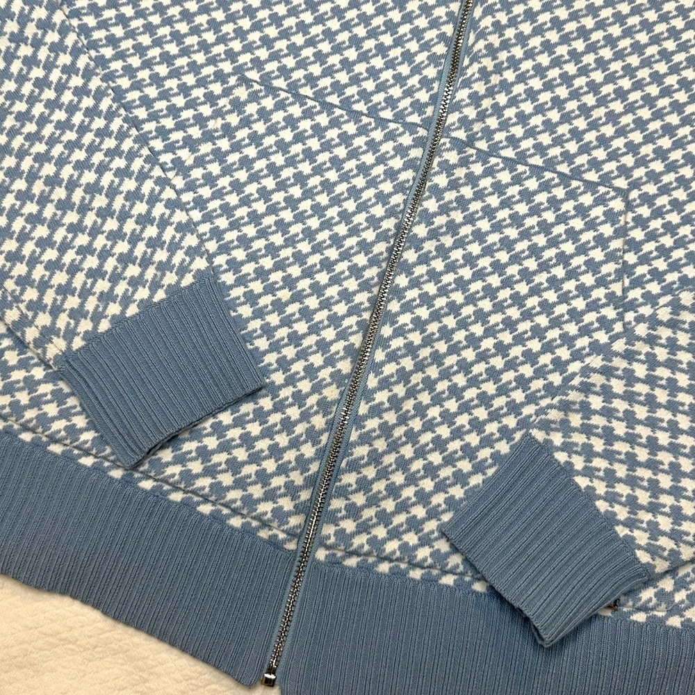 ST.JOHN Houndstooth Zip-up Wool Blended Cardigan Knit - Light Blue SMALL - Picture 3 of 7